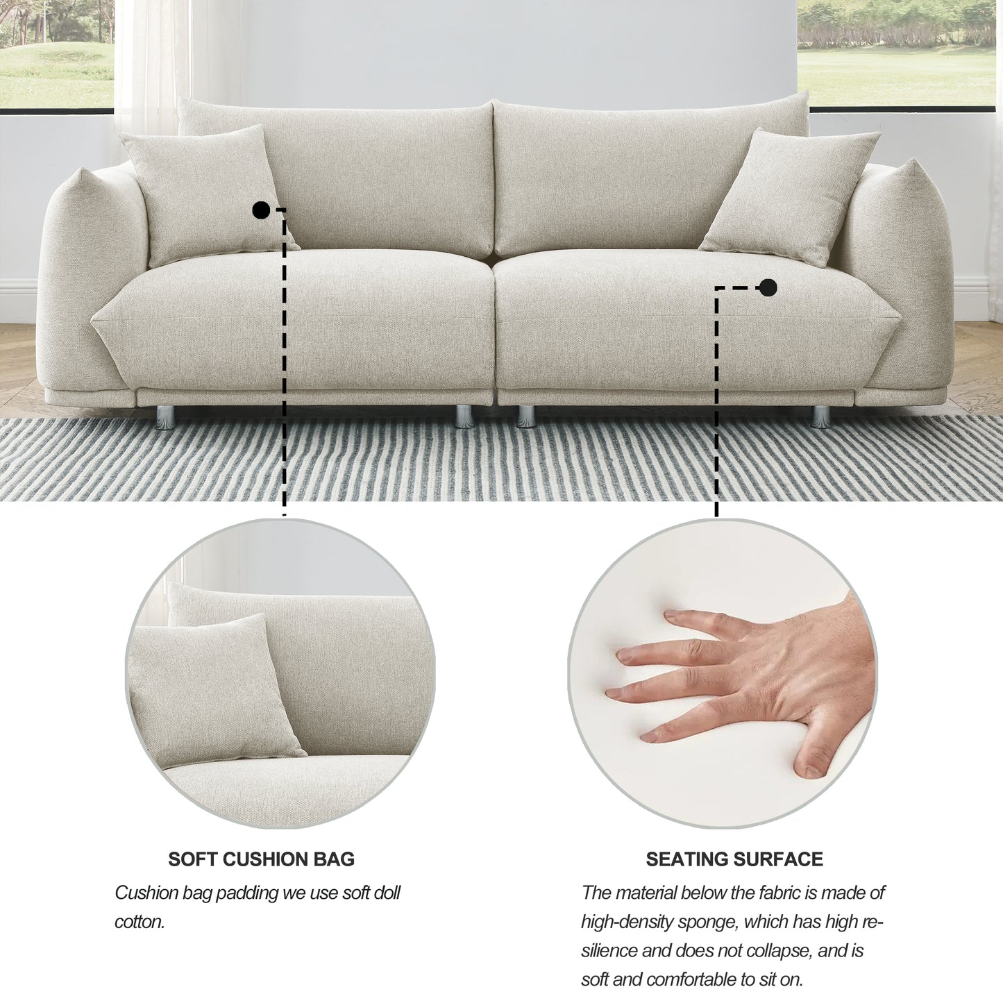 Modern Beige 2-Seat Sofa with Pillows and Solid Wood Frame