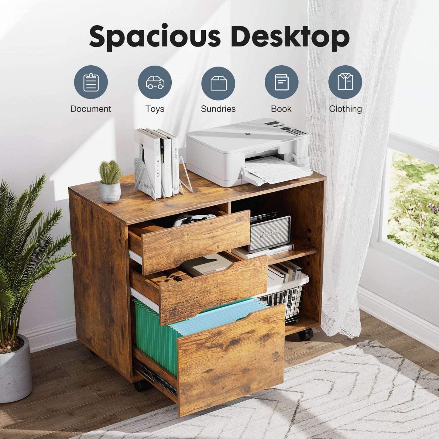 Sweetcrispy 5-Drawer Filing Cabinet with Open Storage Shelves