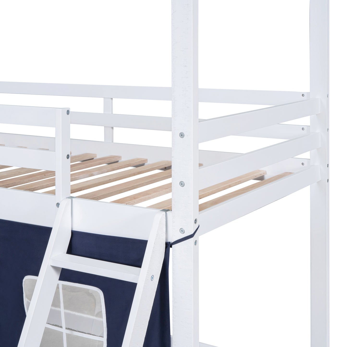 Twin Size Bunk Wood House Bed with Elegant Windows, Sills and Tent,  Blue+White