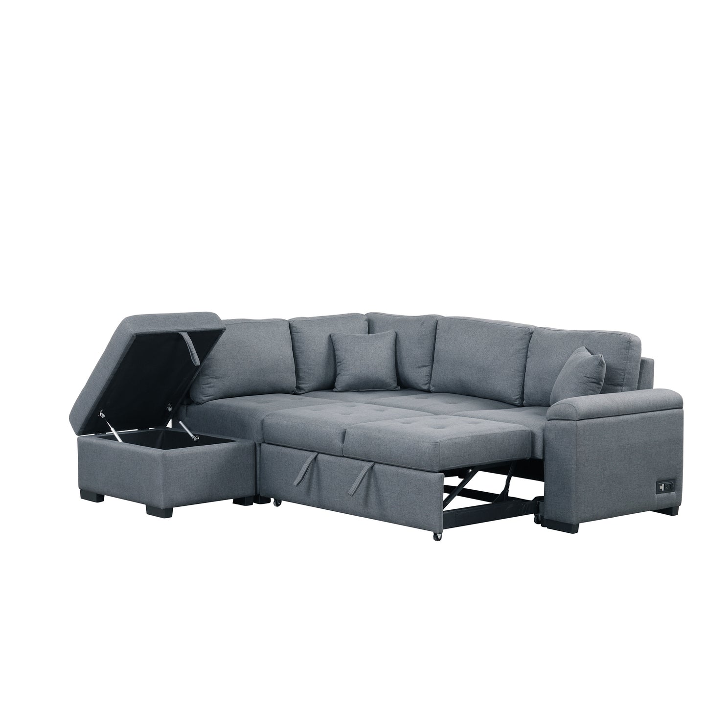 L-Shaped Sleeper Sectional Sofa with Ottoman and USB Charge, Dark Gray