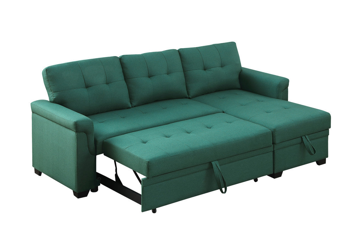 Lucca Emerald Linen Reversible Sleeper Sectional Sofa with Storage Chaise