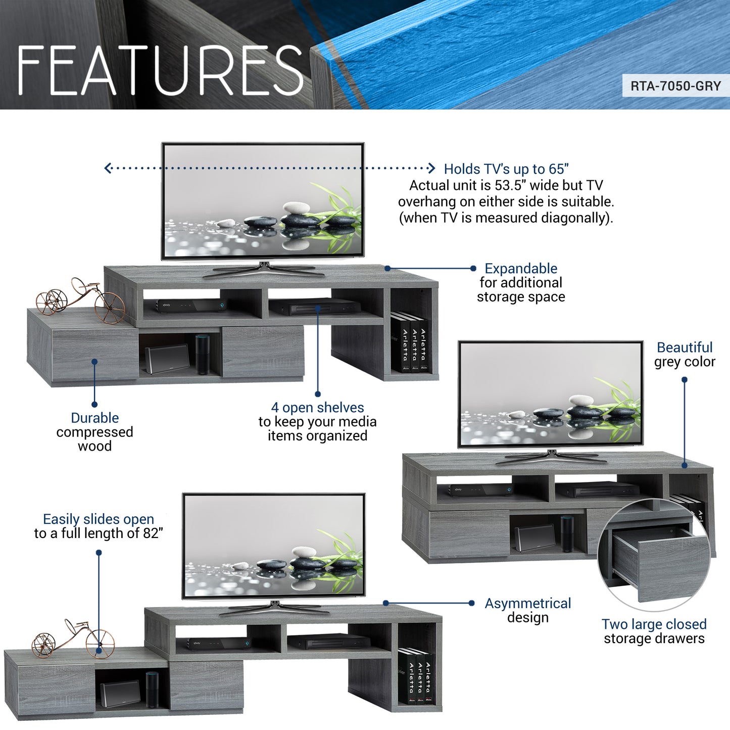 Adjustable Grey Solid Wood TV Stand Console for TVs Up to 65