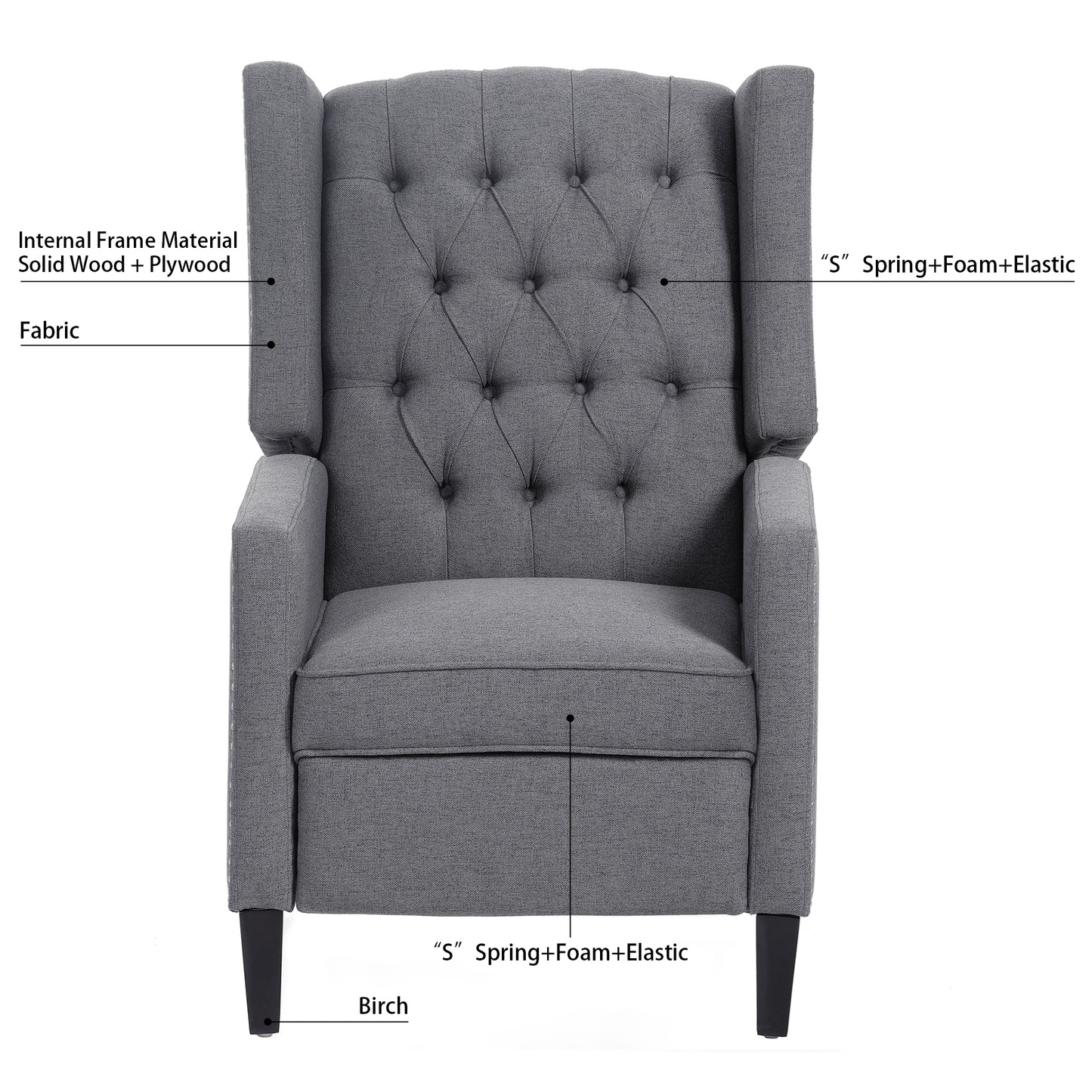 27.16 Inch Grey Fabric Wing Chair Recliner with Adjustable Backrest