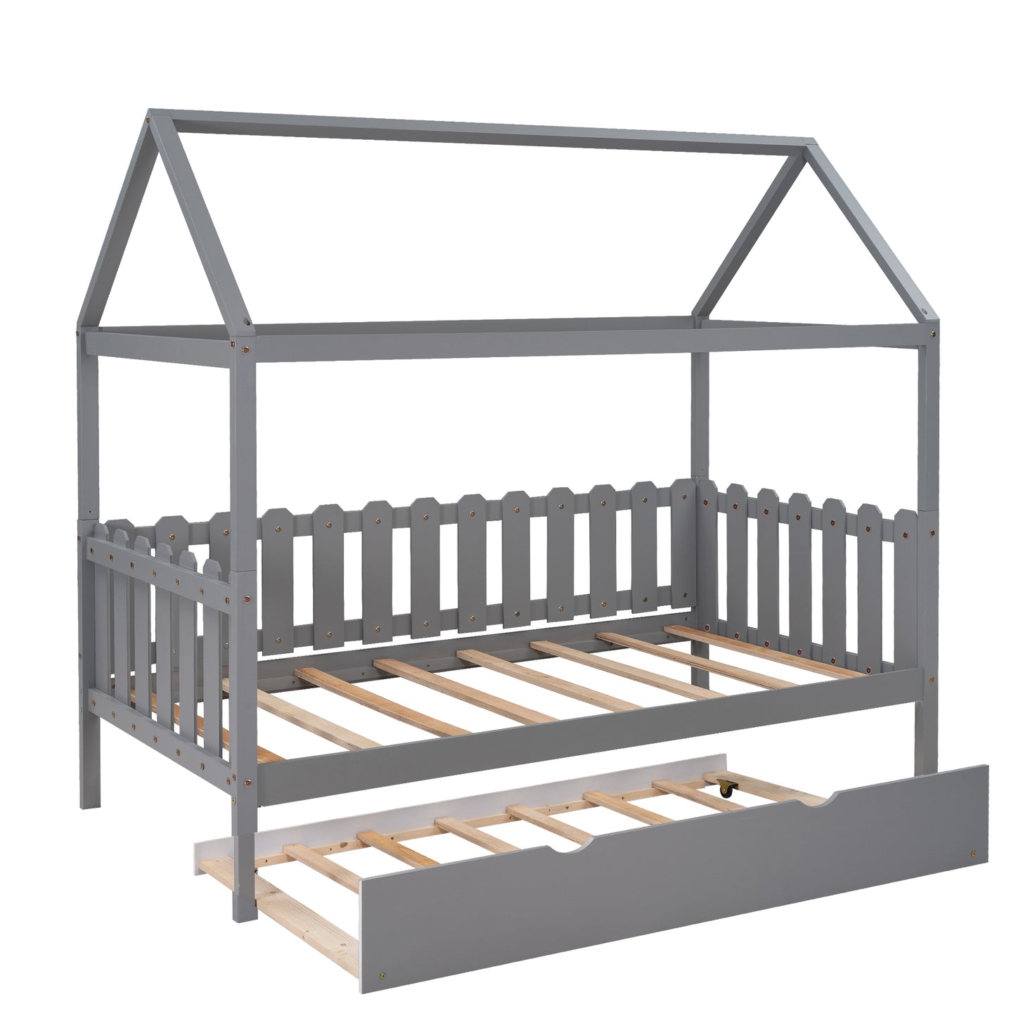 Twin Size House Bed with Trundle, Fence-shaped Guardrail, Gray(New)