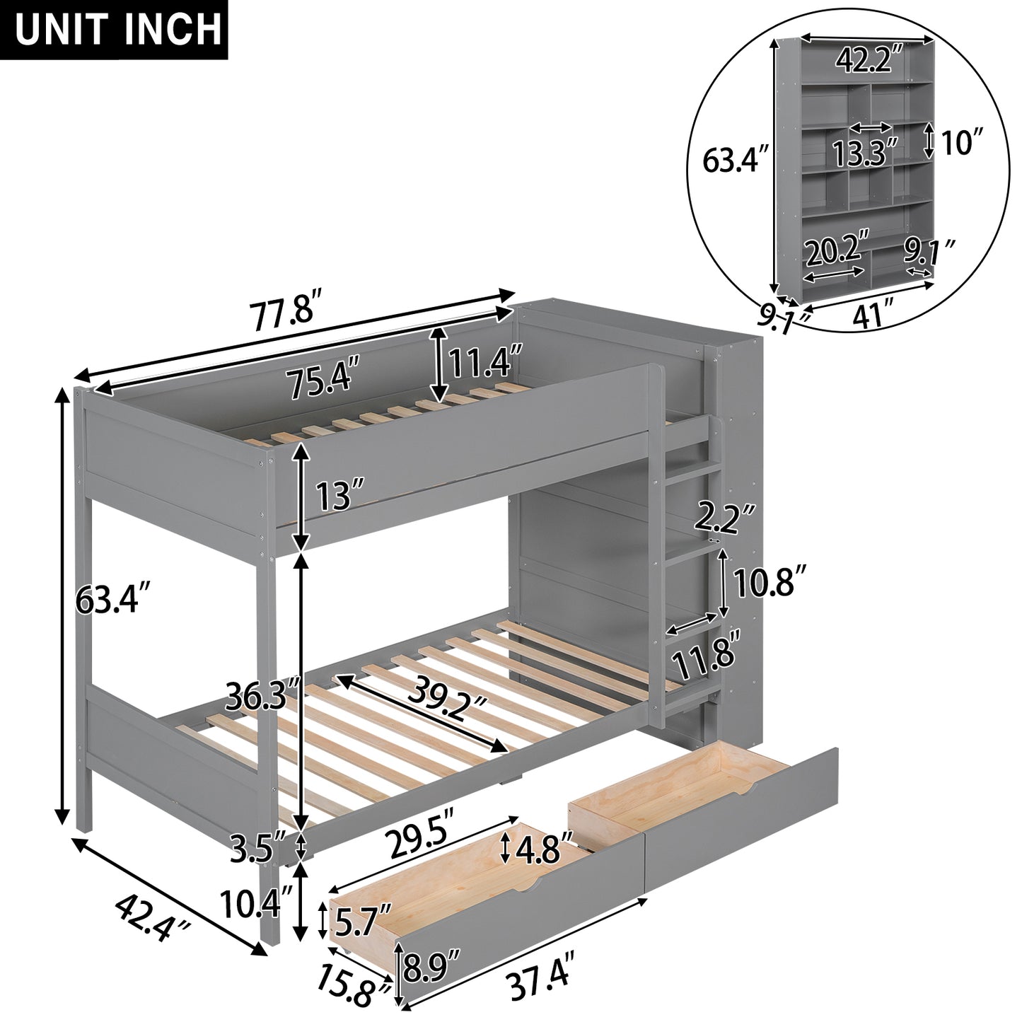 Versatile Gray Twin Bunk Bed with Storage Drawers and Multi-Layer Cabinet