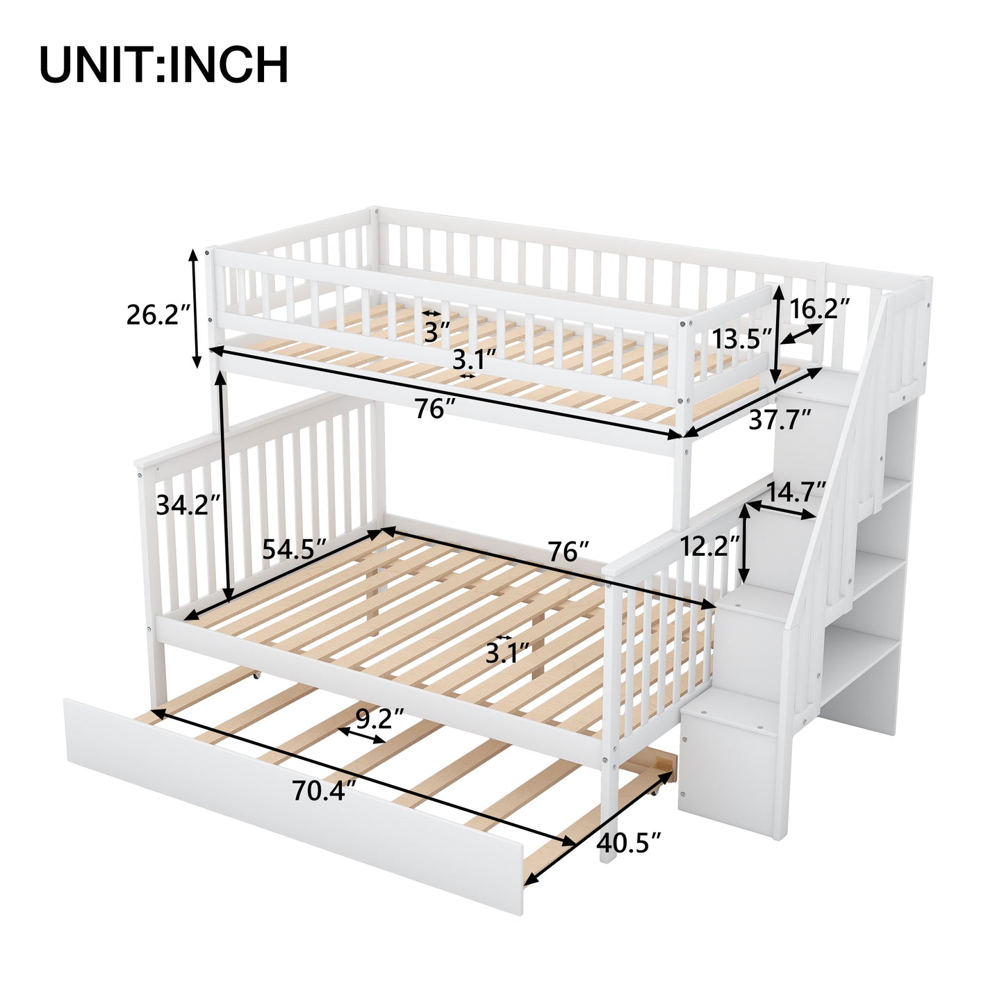 White Twin over Full Bunk Bed with Trundle and Staircase for Shared Sleeping Spaces