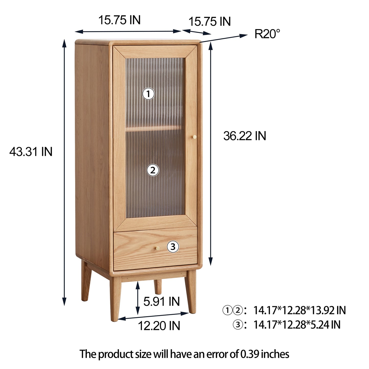 Elegant Oak Wood Corner Cabinet with Vintage Glass Door and Brass Handle