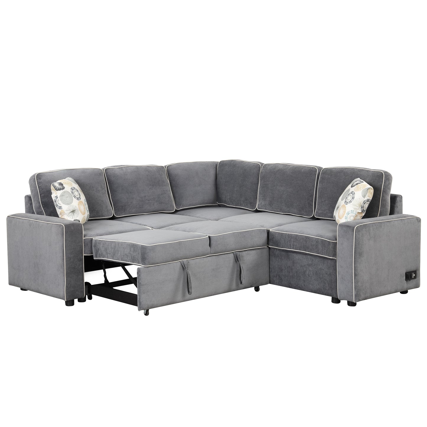 83 L-Shaped Convertible Sleeper Sofa with USB ports, Power Sockets, and Pillows, Gray