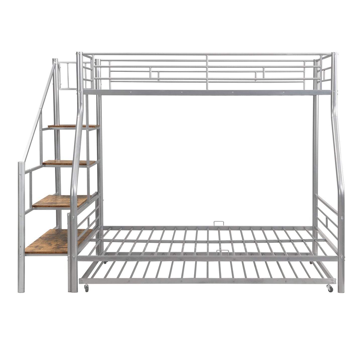 Silver Metal Bunk Bed with Trundle and Storage Staircase