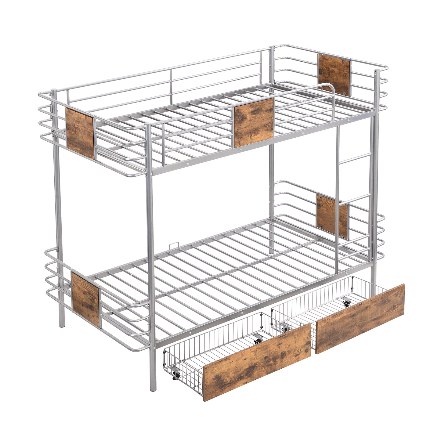 Silver Metal Bunk Bed with Twin XL Storage Drawers and Guardrail