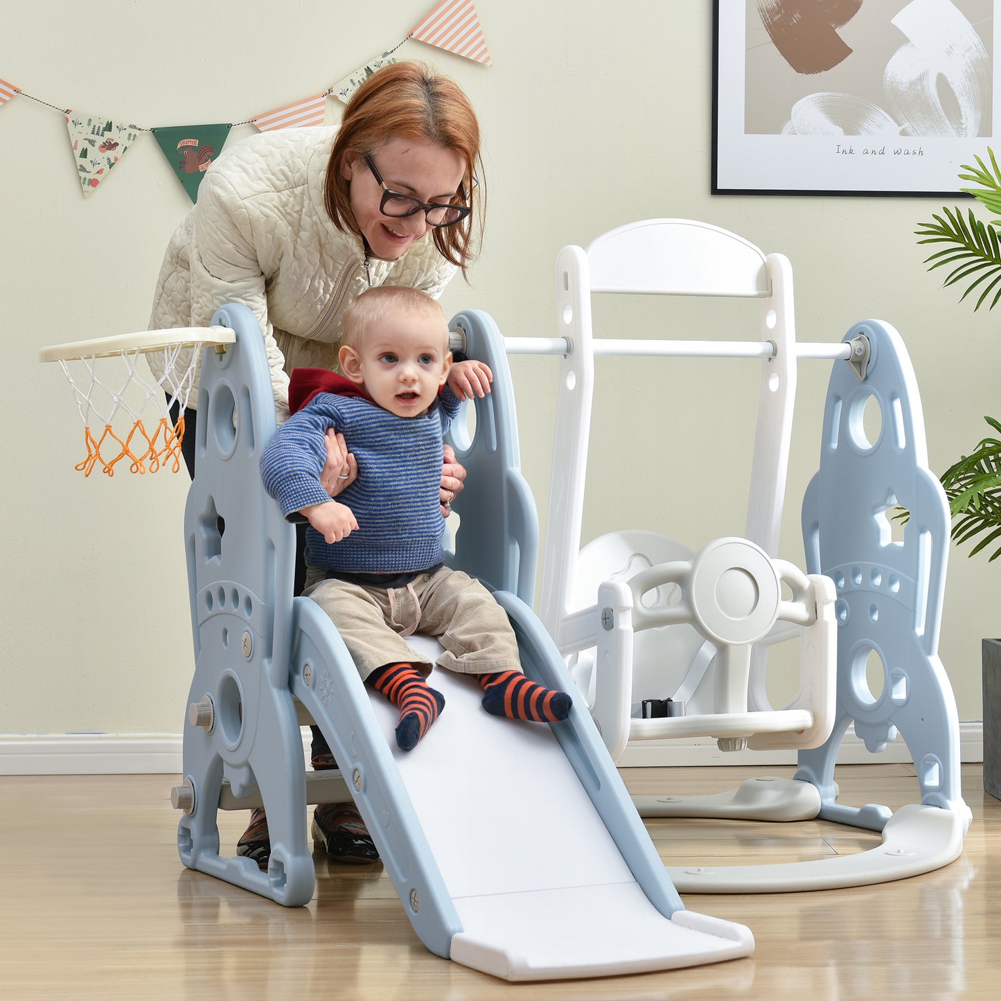 3-in-1 Toddler Slide, Swing, and Basketball Hoop Playset for Indoor & Outdoor