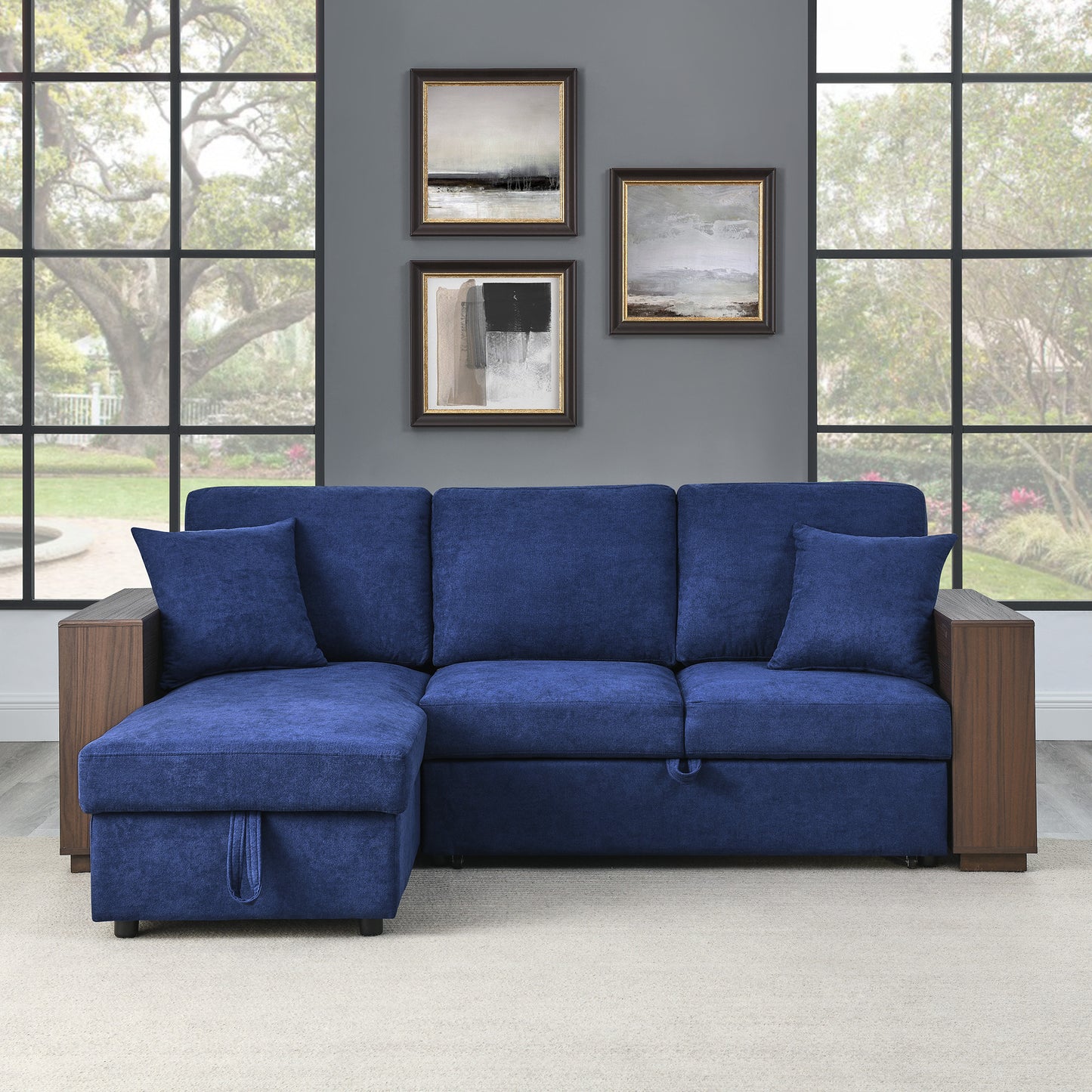 Sectional Sofa with Pulled Out Bed, 2 Seats Sofa and Reversible Chaise with Storage, MDF Shelf Armrest, Two Pillows, Navy Blue, (88" x52" x 34")