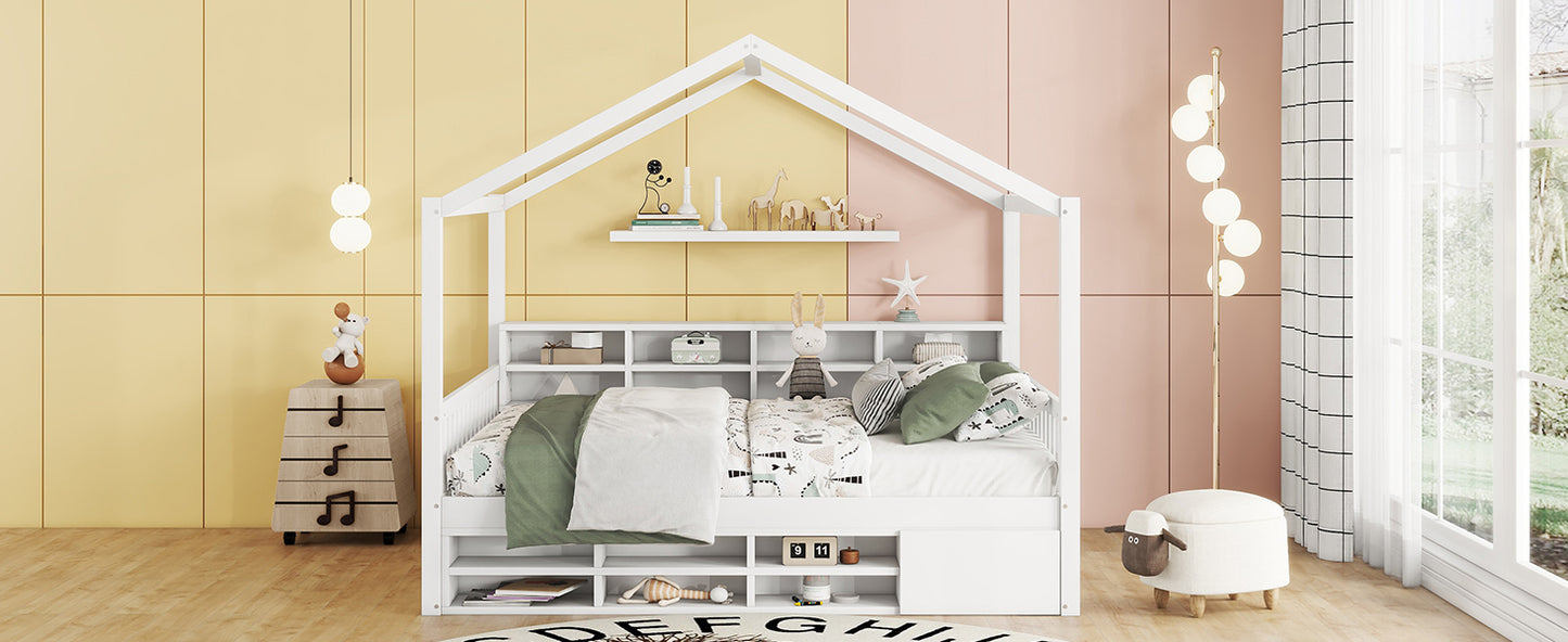 Full Size Wooden House Bed with Shelves and a Mini-cabinet, White