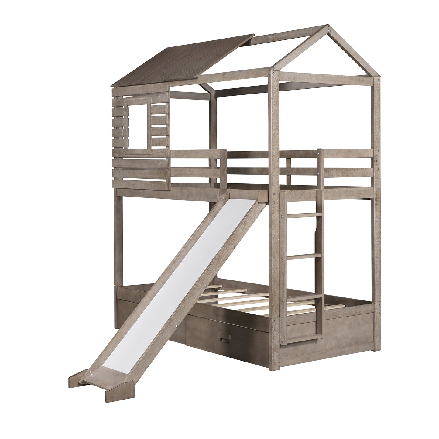 House-Shaped Twin Over Twin Bunk Bed with Slide, Storage Drawers, and Antique Gray Wood Finish