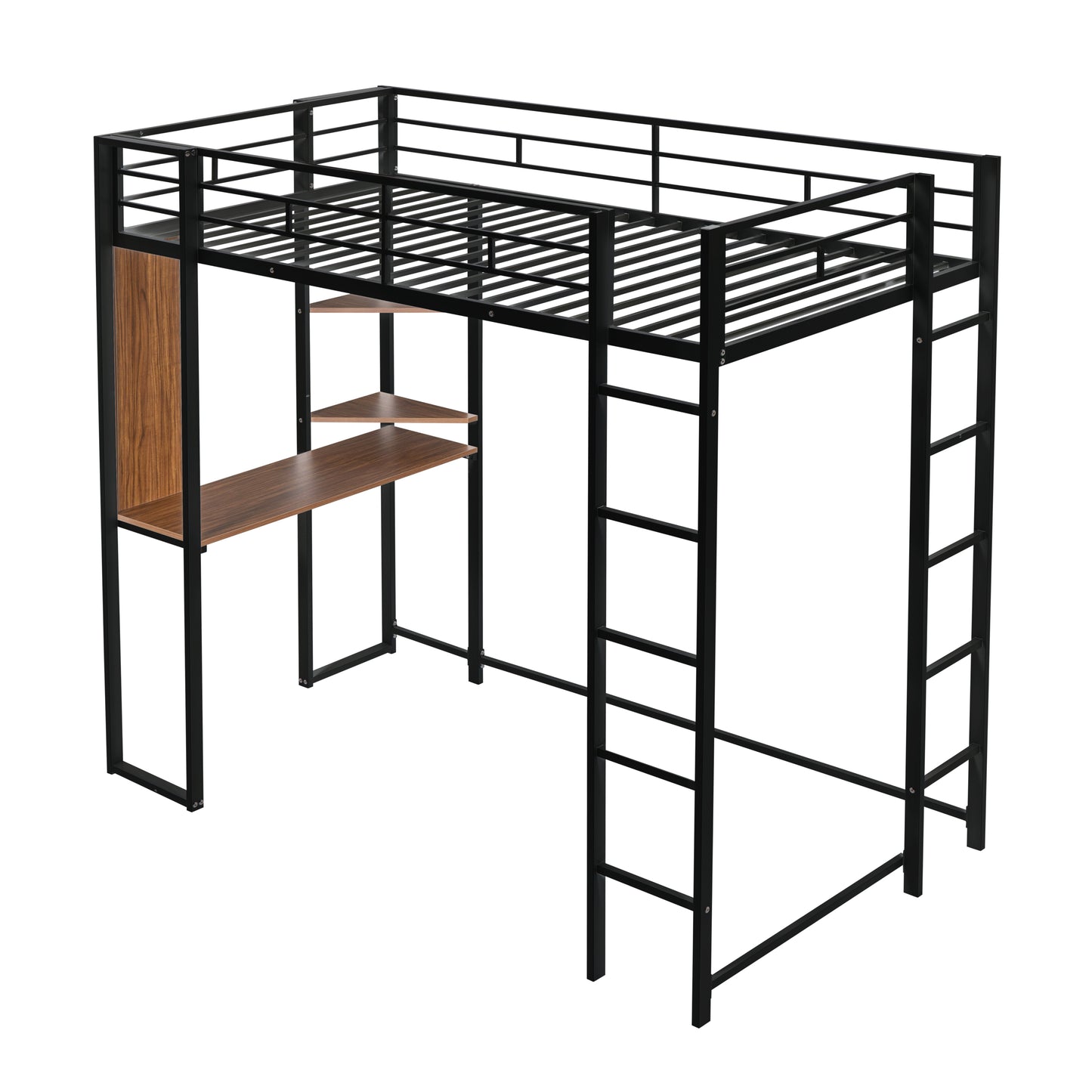 Twin Metal Loft Bed with 2 Shelves and one Desk ,BLACK(: MF281206AAB)