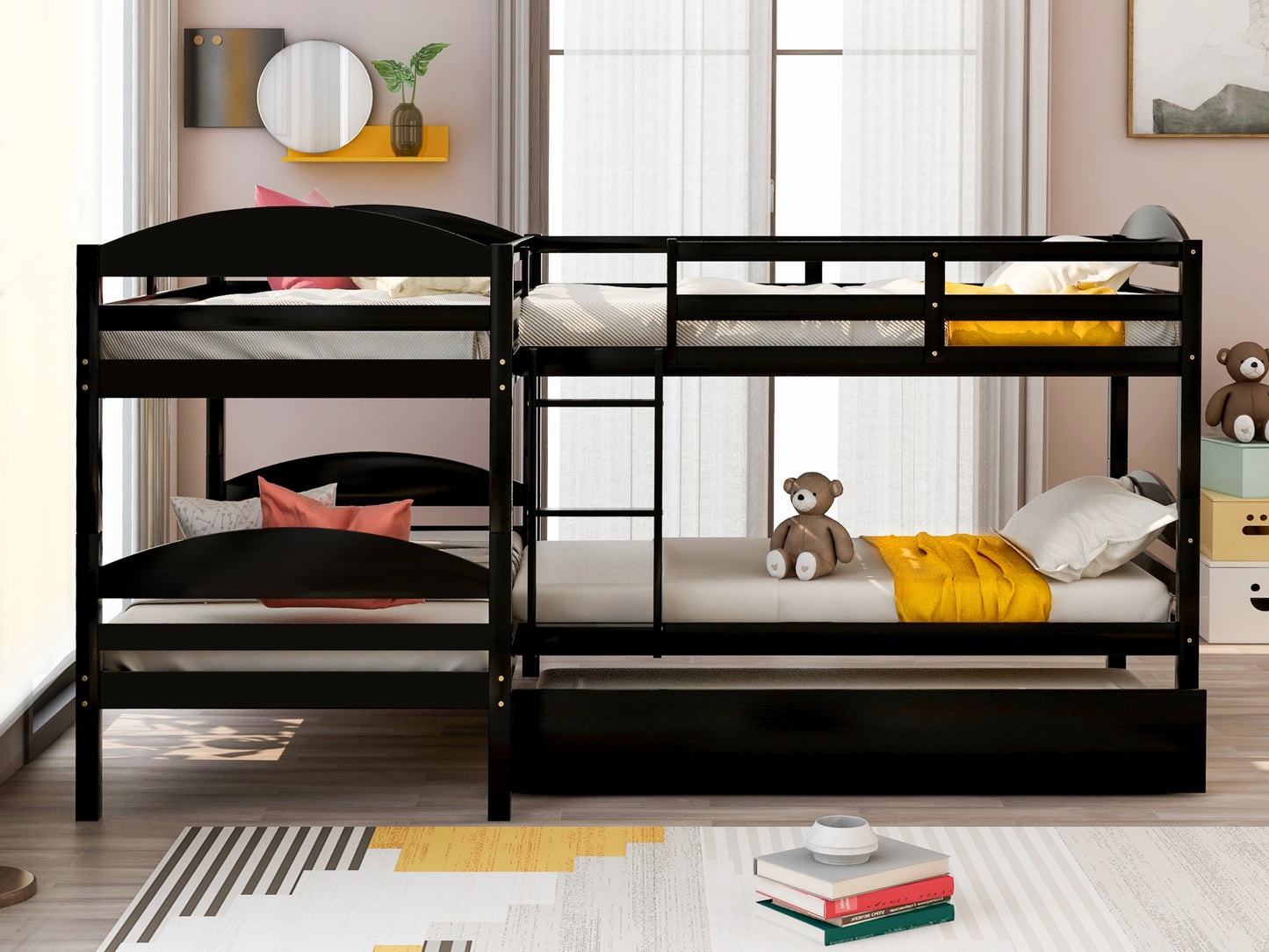 L-Shaped Bunk Bed with Trundle in Espresso Finish - Space-Saving Twin Bed Set for Families and Sleepovers