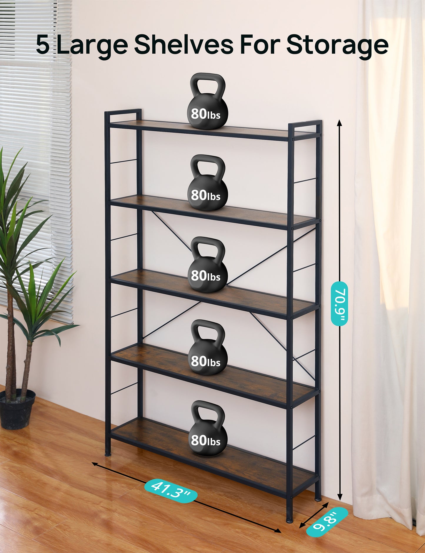 5 Tier Bookshelf, Modern Freestanding Tall Bookcase with Steel Frame, Industrial Wood Book Shelf