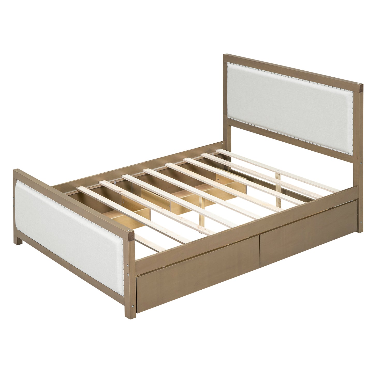 Queen Size Upholstered Platform Bed with Wood Frame and 4 Drawers, Natural Wooden+Beige Fabric