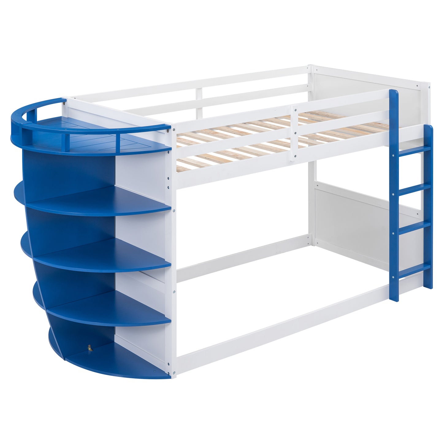 White and Blue Boat-Inspired Twin over Twin Bunk Bed with Storage Shelves