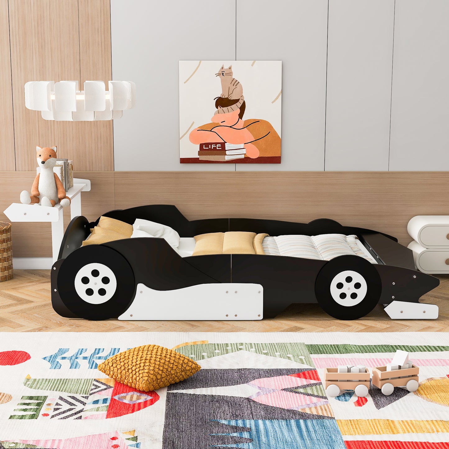 Full Size Race Car-Shaped Platform Bed with Wheels,Black