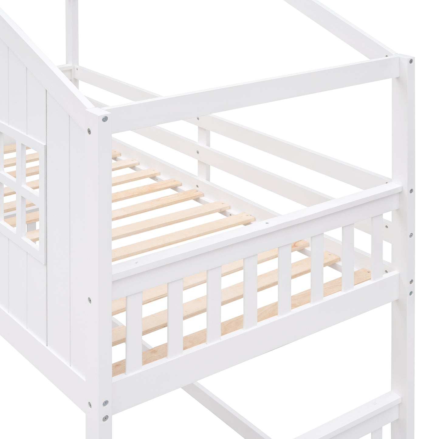 White Wood House Bunk Bed with Skylight - Twin Over Twin