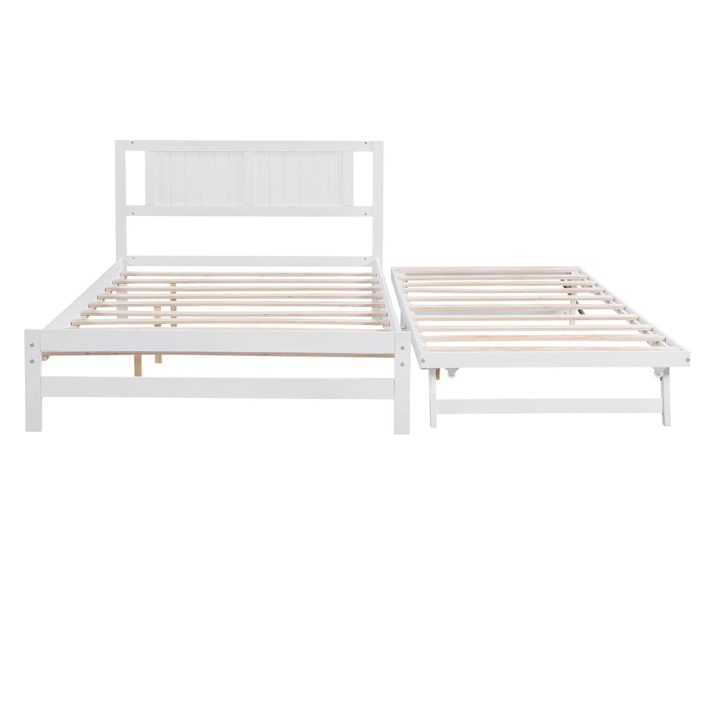 Full Size Platform Bed with Adjustable Trundle,White