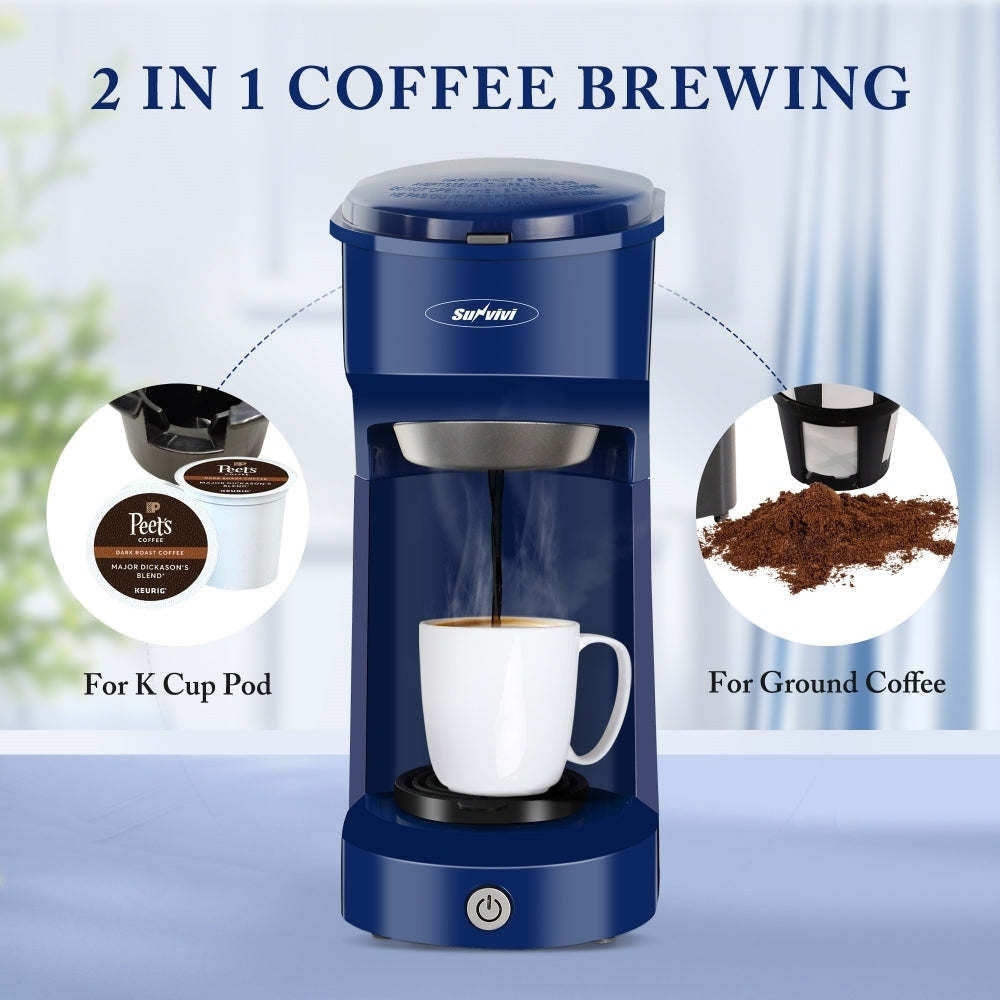 Blue Single Serve Coffee Maker with K Cup Pod and Ground Coffee Options