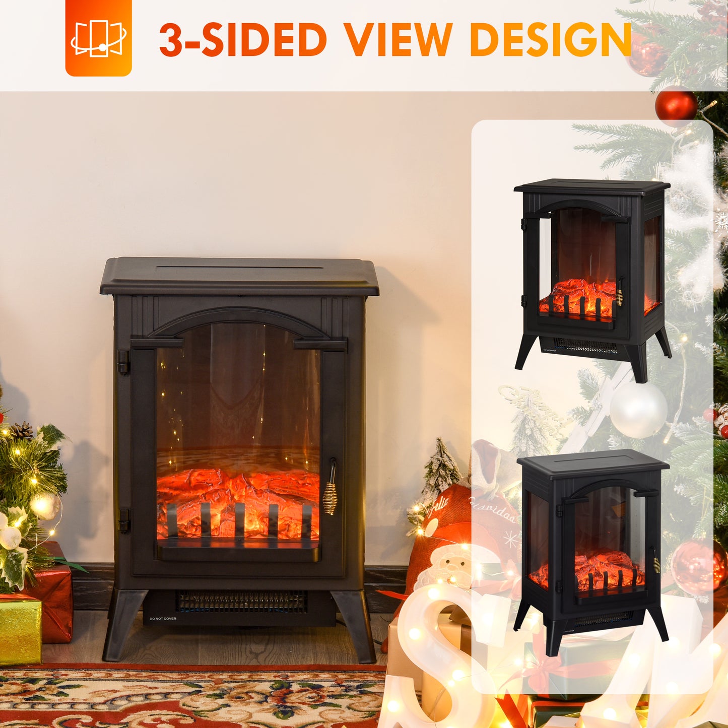 23 Black Electric Fireplace Heater with Realistic LED Flames and Overheating Protection