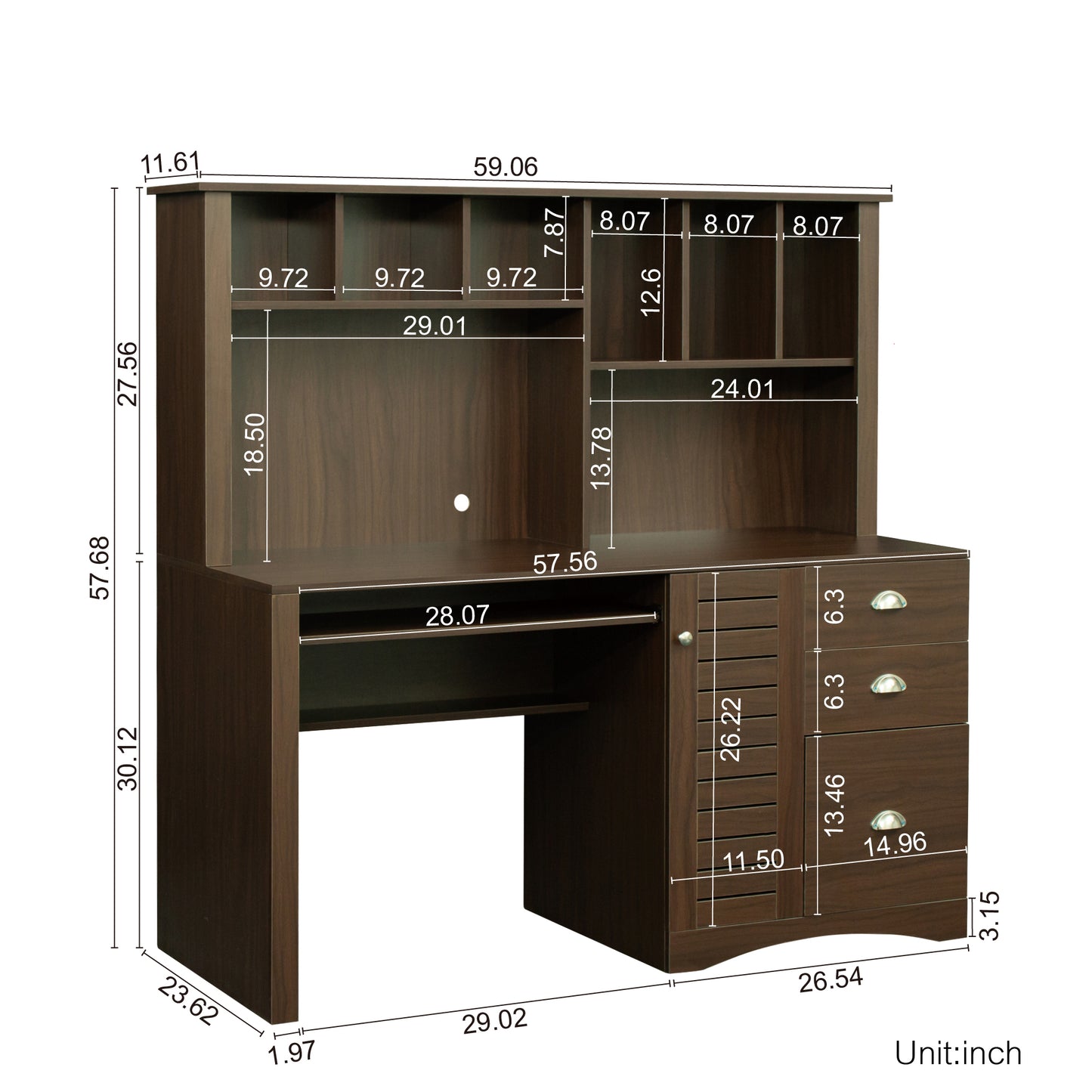 Elegant Walnut Home Office Desk with Hutch and Spacious Storage Capability