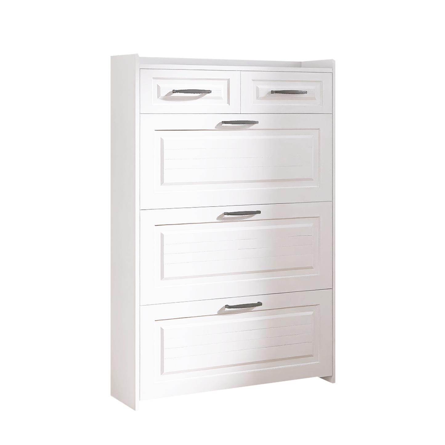 White color shoe cabinet  with 3 doors 2 drawers,PVC door with shape ,large space for storage