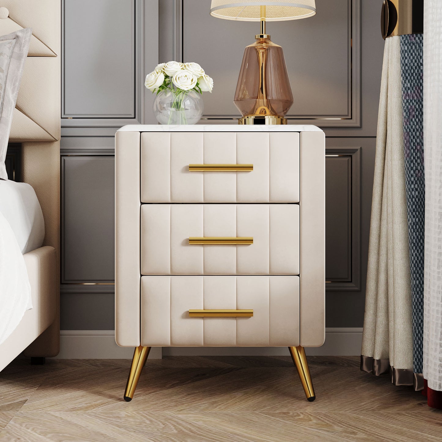 Upholstered Wooden Nightstand with 3 Drawers and Metal Legs&Handles,Fully Assembled Except Legs&Handles,Bedside Table with Marbling Worktop - Beige