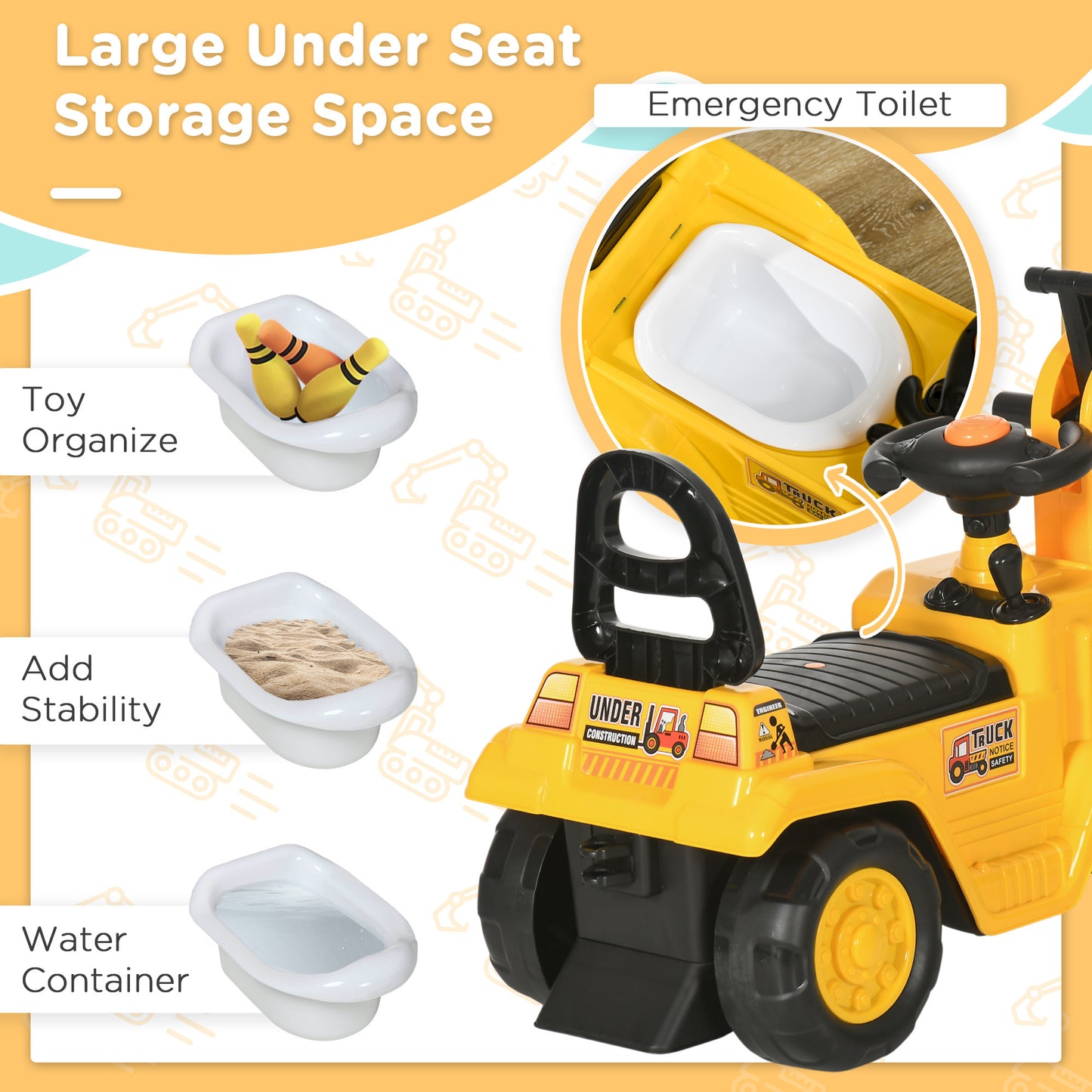 Ride On Excavator Pull Cart, Kids Digger Ride on Truck with Horn, Under Seat Storage, Sit and Scoot Pretend Play Toy Construction Car for Ages 18M+