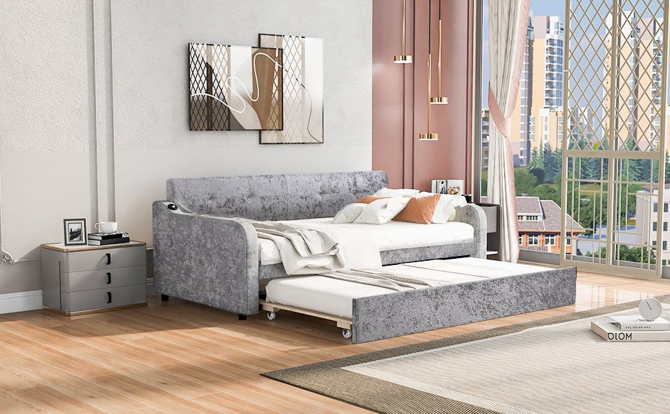 Twin Size Snowflake Velvet Daybed with Trundle and USB Charging Design,Gray