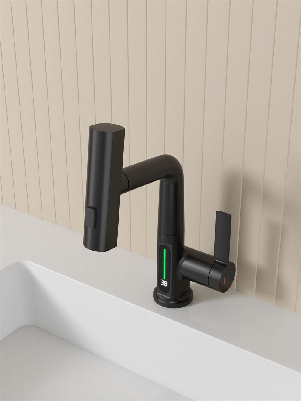 Matte Black LED Temperature Display Bathroom Basin Faucet with Pull-Out Lift Feature