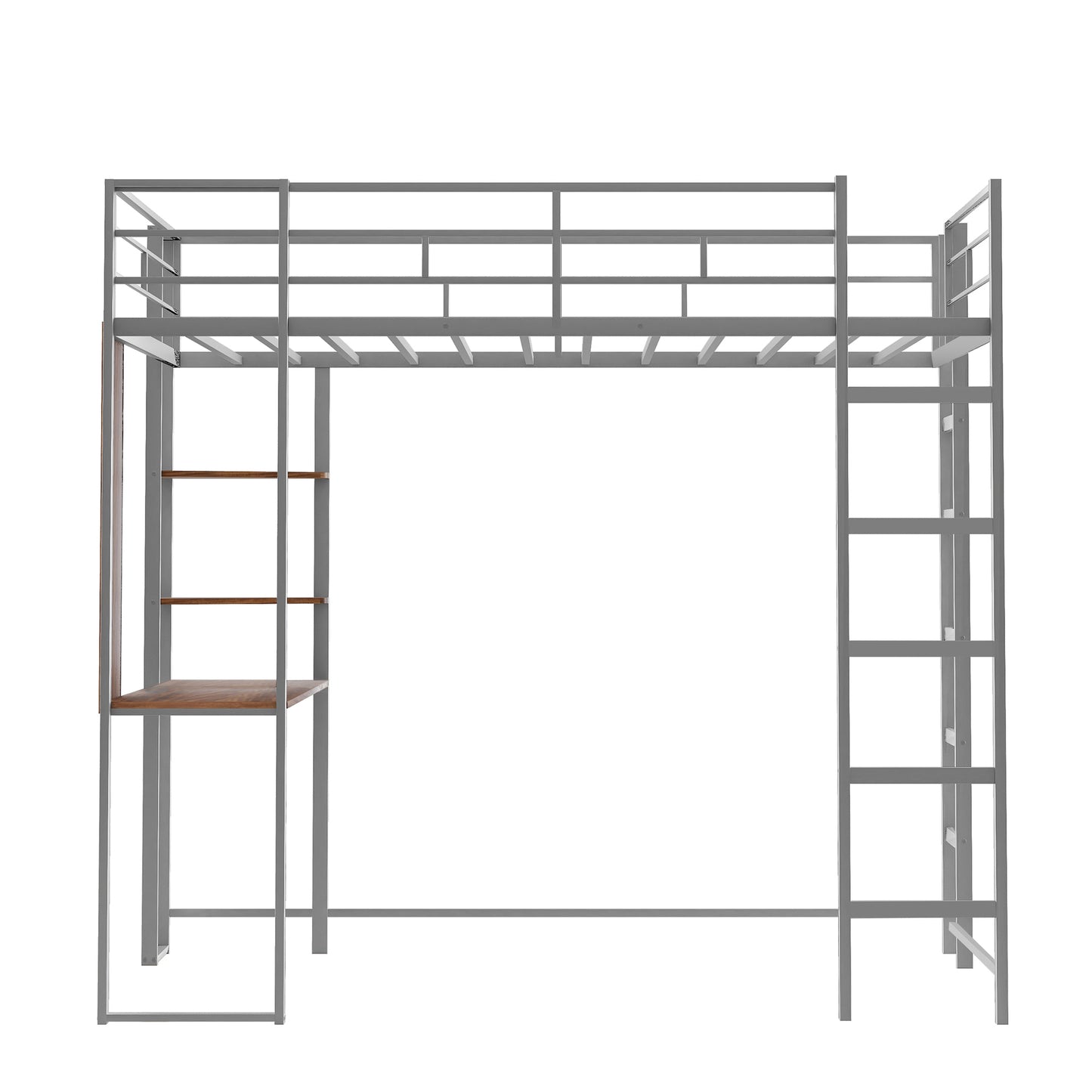 Twin Metal Loft Bed with 2 Shelves and one Desk ,Silver(: MF281206AAN)