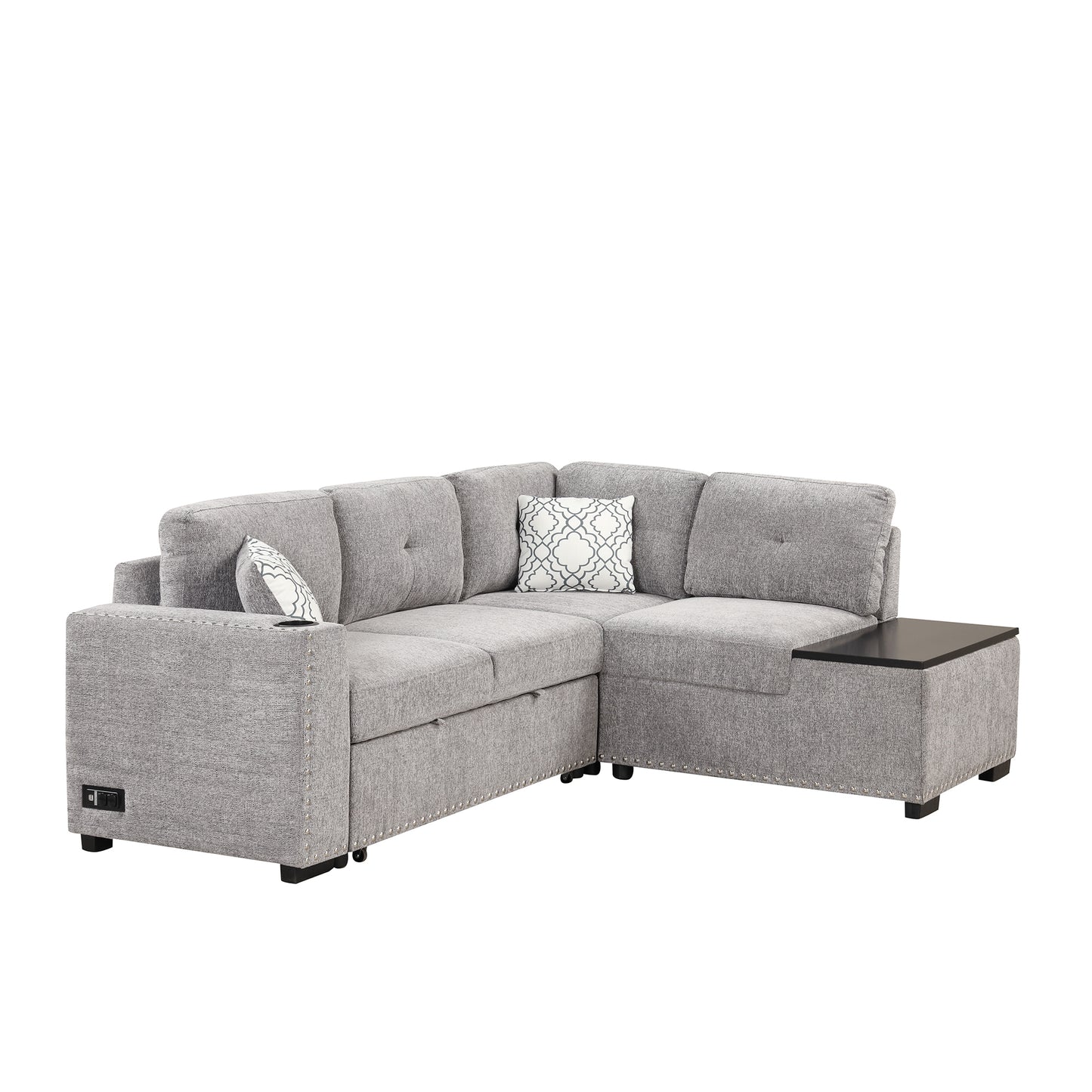 Convertible L-Shaped Sectional Sleeper Sofa with Storage Chaise and Charging Ports in Light Gray