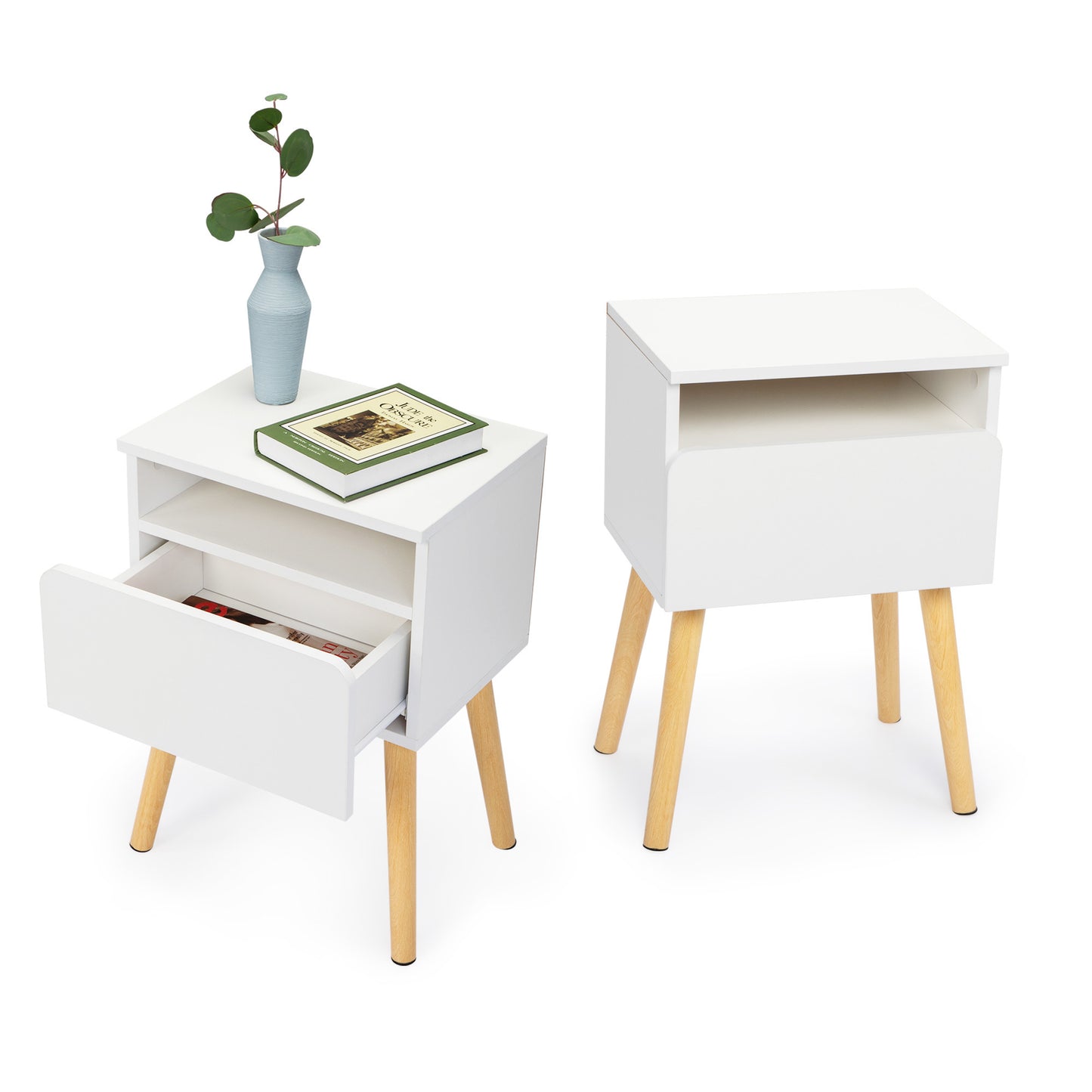 2-piece modern bedside table, bedroom coffee table with drawers, shelves, living room bedside furniture, white