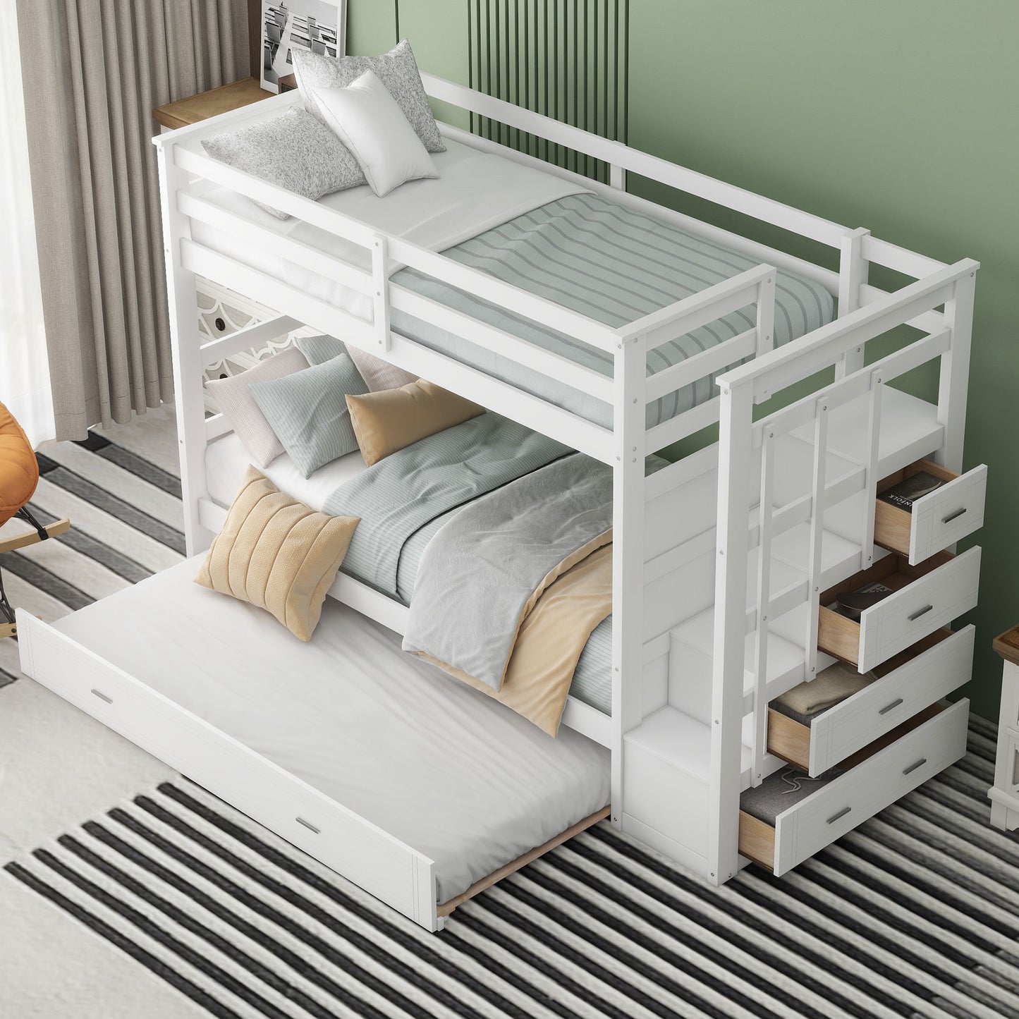 White Twin Over Twin Bunk Bed with Trundle, Staircase, and Storage Drawers