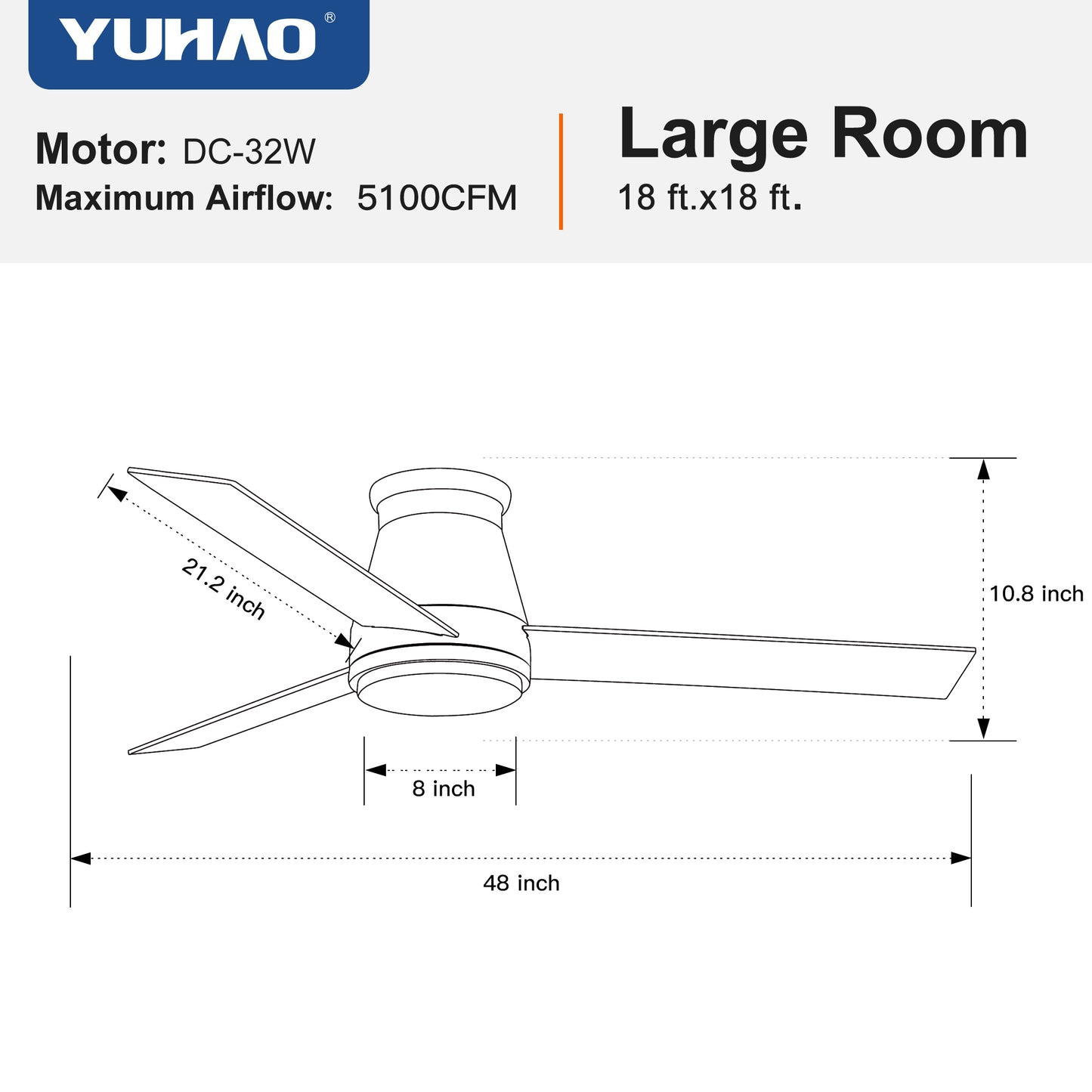 48-inch Sleek Black Low Profile Ceiling Fan with LED Light