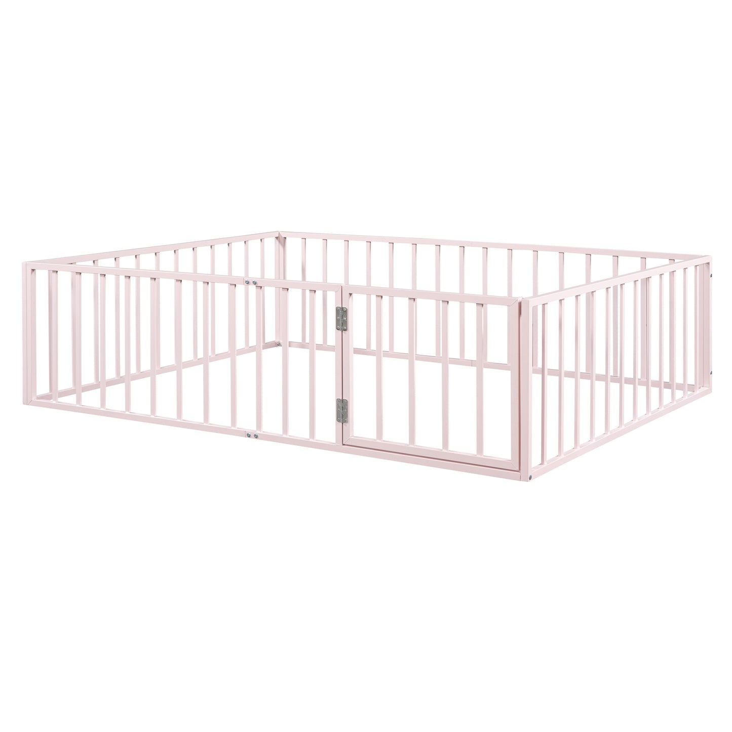 Queen Size Metal Floor Bed Frame with Fence and Door, Pink