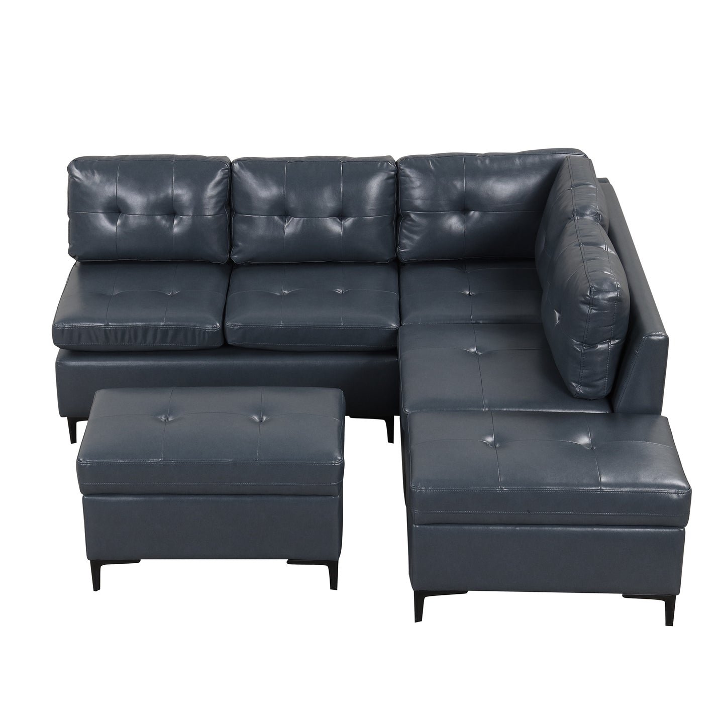 Blue L-Shaped Sectional Sofa Set with Movable Storage Ottomans