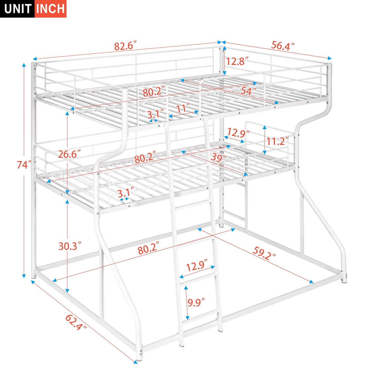 White Triple Bunk Bed Set with Full XL, Twin XL, and Queen Size Layers