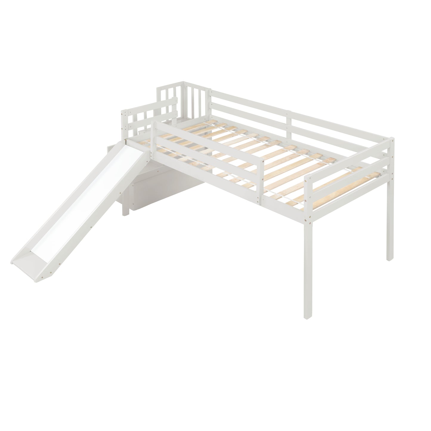 Loft Bed with Staircase, Storage, Slide, Twin size, Full-length Safety Guardrails, No Box Spring Needed, White