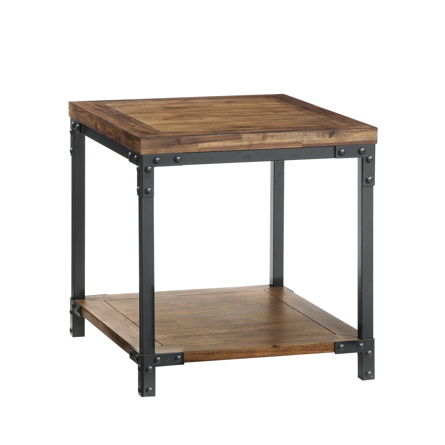 Industrial Style Coffee Table with Antiqued Honey Finish and Black Metal Frame