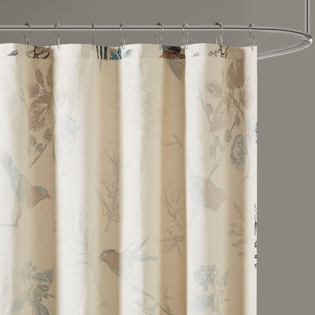 Khaki Bird and Leaf Print Cotton Shower Curtain