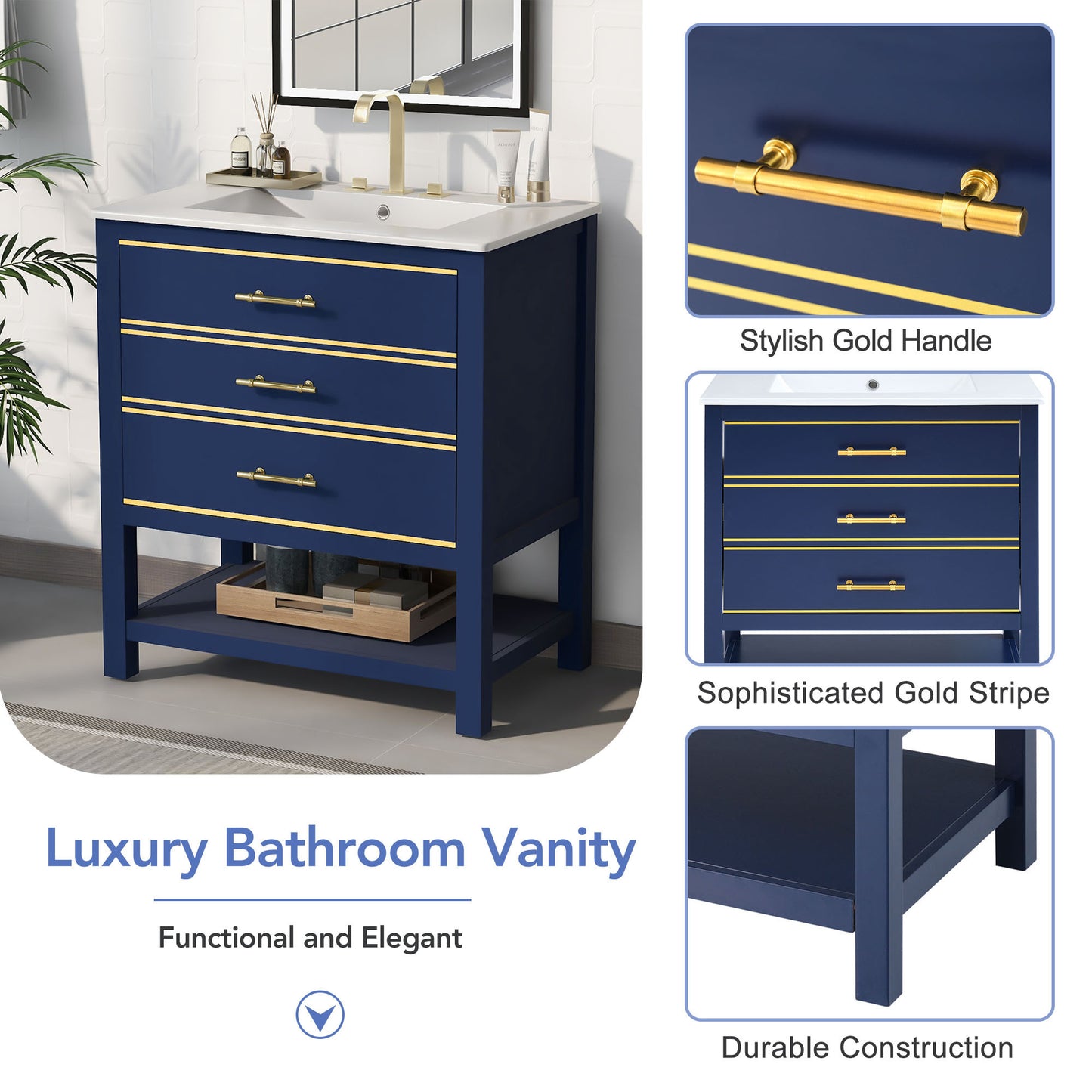 Modern 30inch Navy Blue/White Bathroom Vanity Cabinet Combo with OpenStorge, Two Drawers