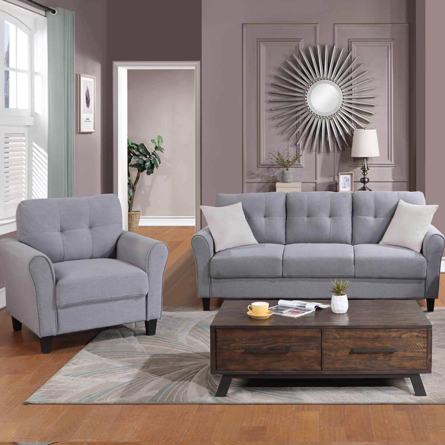 Modern Living Room Sofa Set Linen Upholstered Couch Furniture for Home or Office ,Light Grey-Blue,(1+3-Seat)