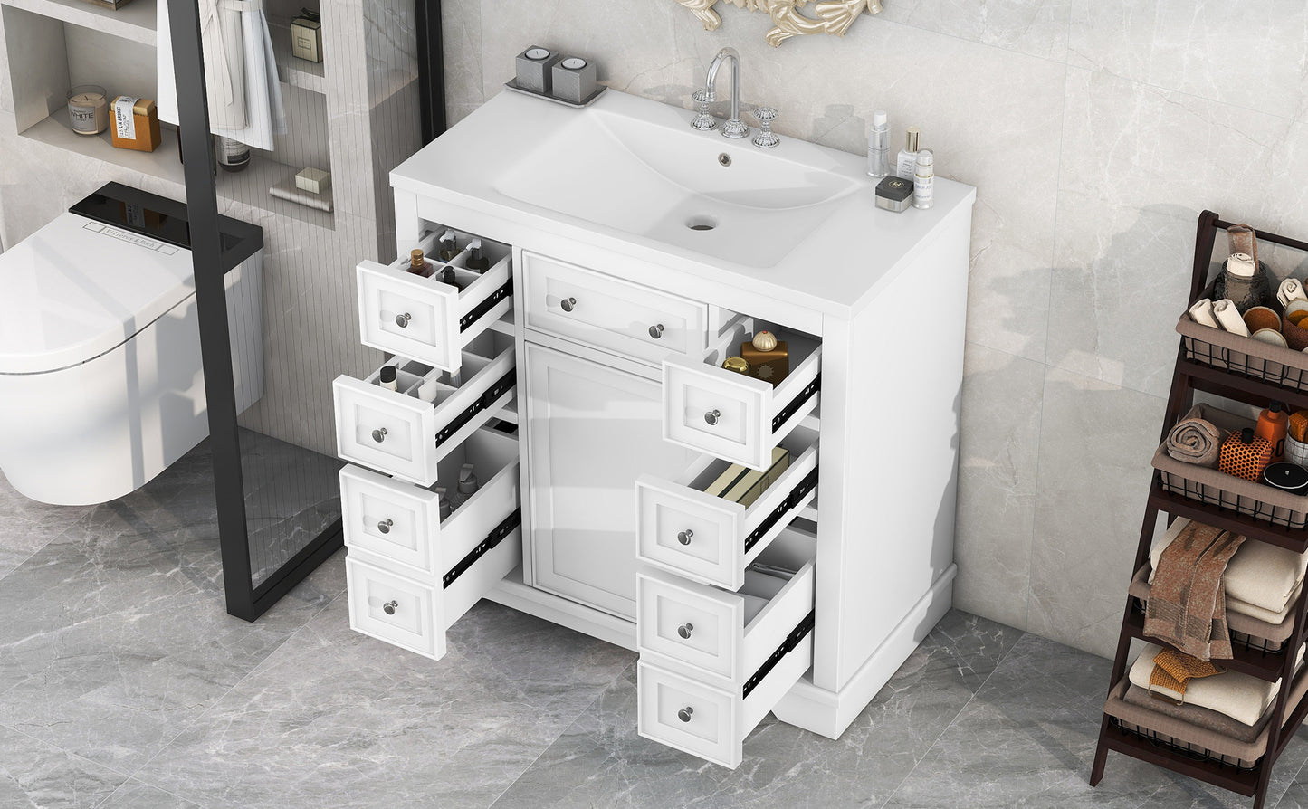 36" Bathroom Vanity with Sink Combo, One Cabinet and Six Drawers, Solid Wood and MDF Board, White