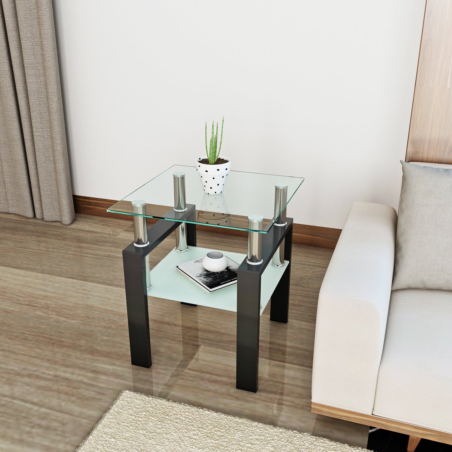 Stylish Tempered Glass Square Table for Living Room with Metal Leg