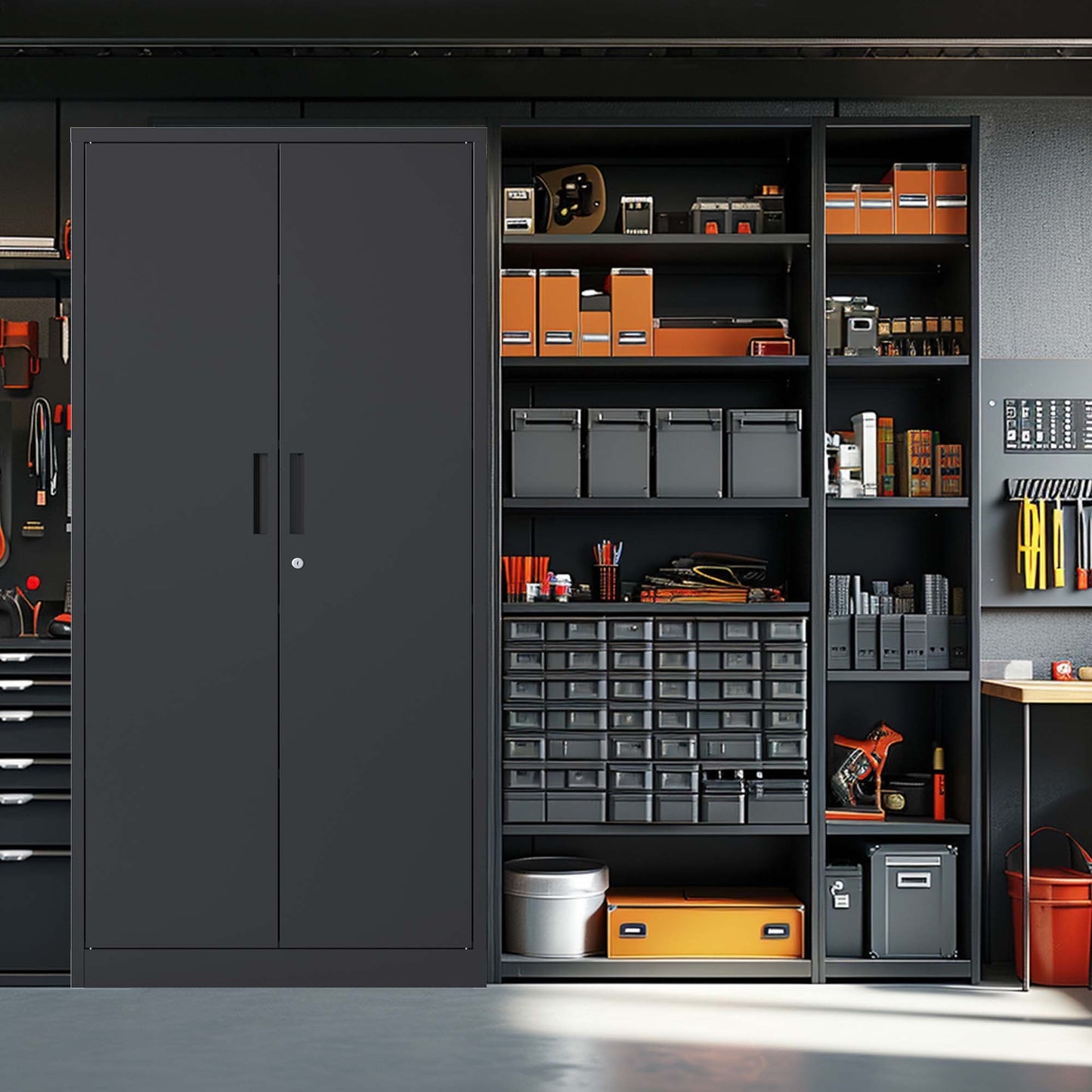 72H Metal Lockable Garage Storage Cabinet with 4 Shelves, Black Steel Cabinet for Home Office and Garage Organization